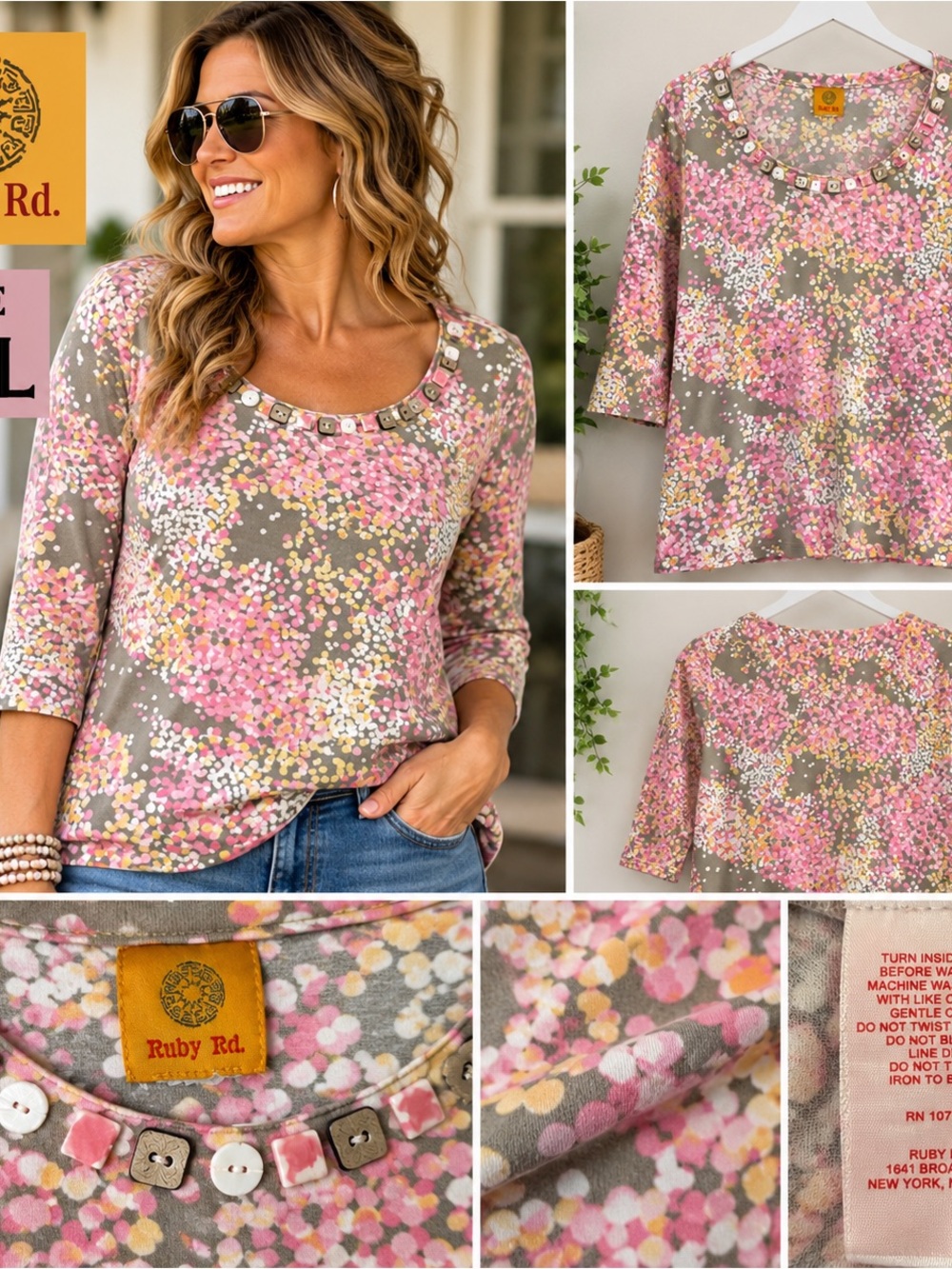 Chaps Ruby Rd. Pink, White & Gray Floral Knit Top